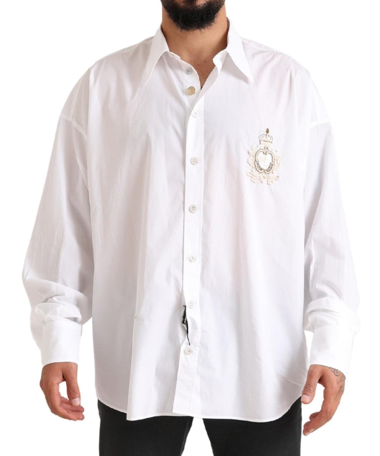 Dolce &amp; Gabbana Vit Logotyp Bomull Casual Långärmad Skjorta