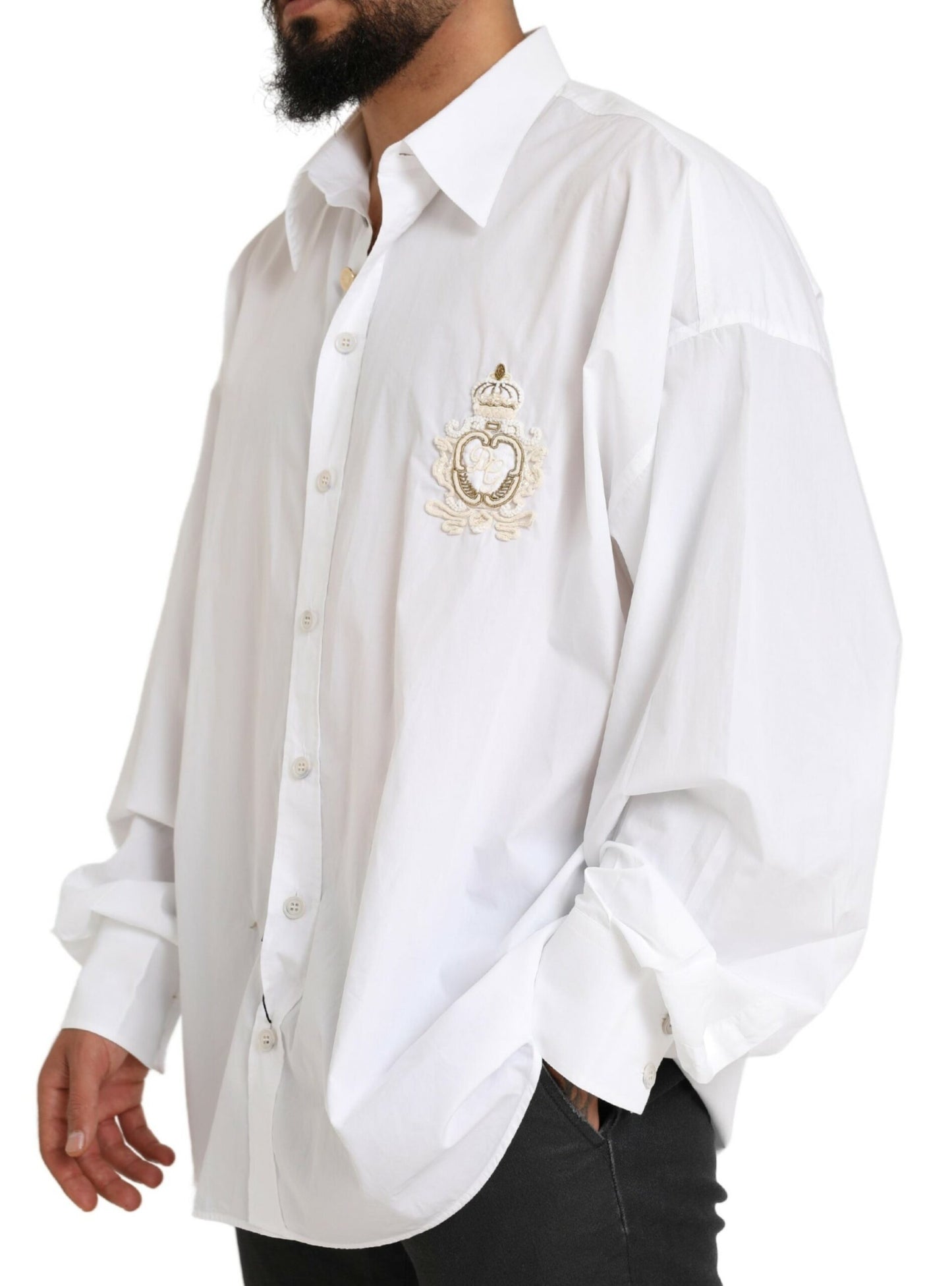 Dolce &amp; Gabbana Vit Logotyp Bomull Casual Långärmad Skjorta