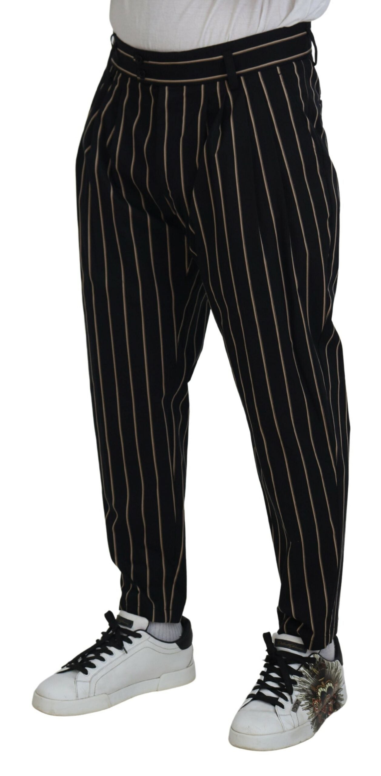 Dolce &amp; Gabbana Svarta Beige Randiga Bomullsbyxor i Stretch