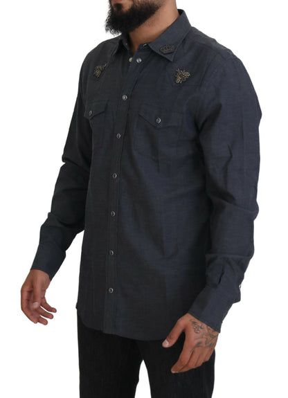 Dolce &amp; Gabbana Blå Bomullsdenimskjorta med Kristallbi