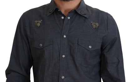 Dolce &amp; Gabbana Blå Bomullsdenimskjorta med Kristallbi