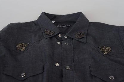 Dolce &amp; Gabbana Blå Bomullsdenimskjorta med Kristallbi