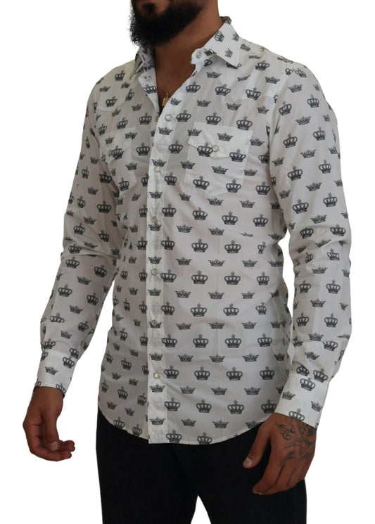 Dolce &amp; Gabbana Vit Kronmönstrad Slim Fit Bomullsskjorta