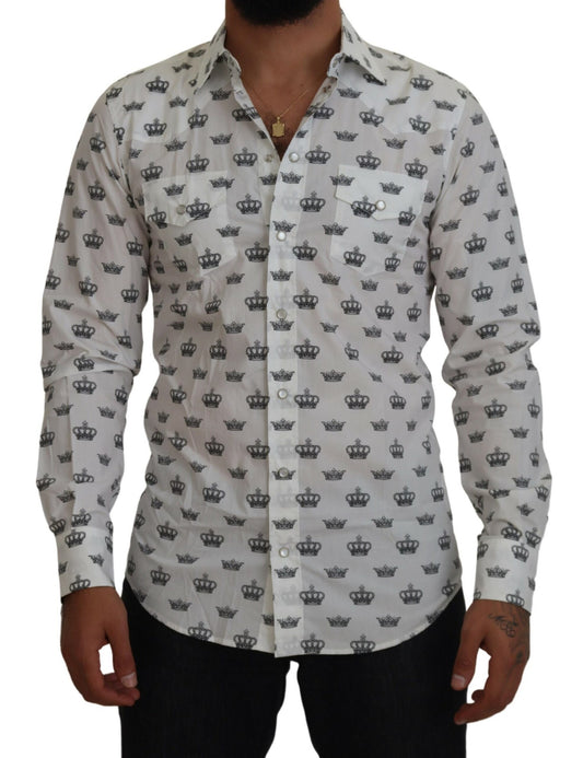 Dolce &amp; Gabbana Vit Kronmönstrad Slim Fit Bomullsskjorta