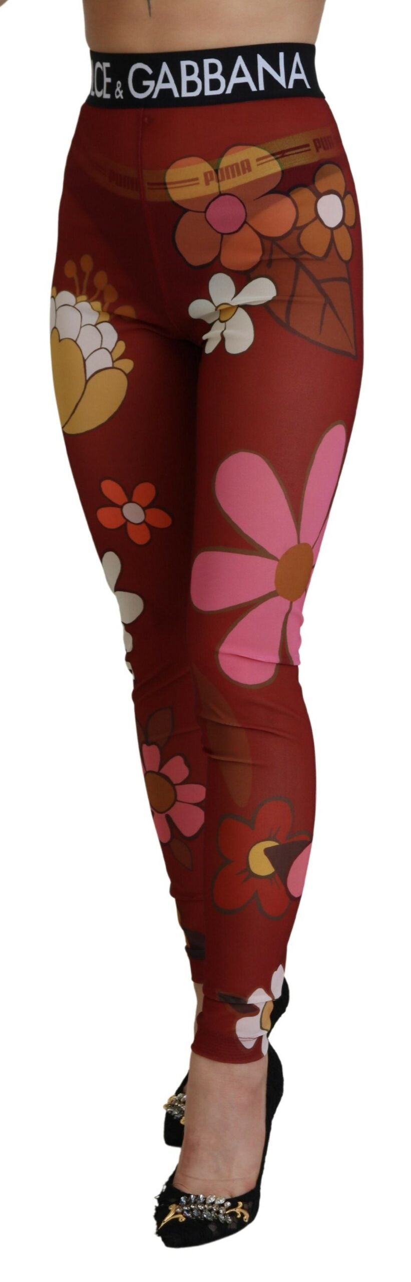 Röda blommiga leggings med stretchig midja