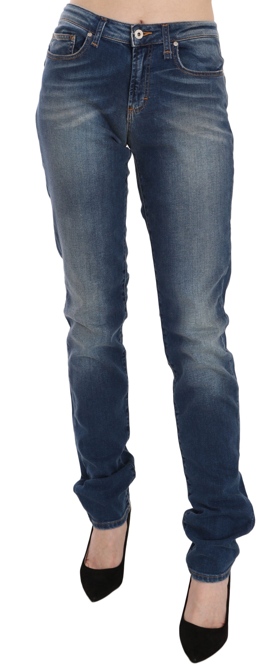 Blå tvättade slim fit jeans med medelhög midja