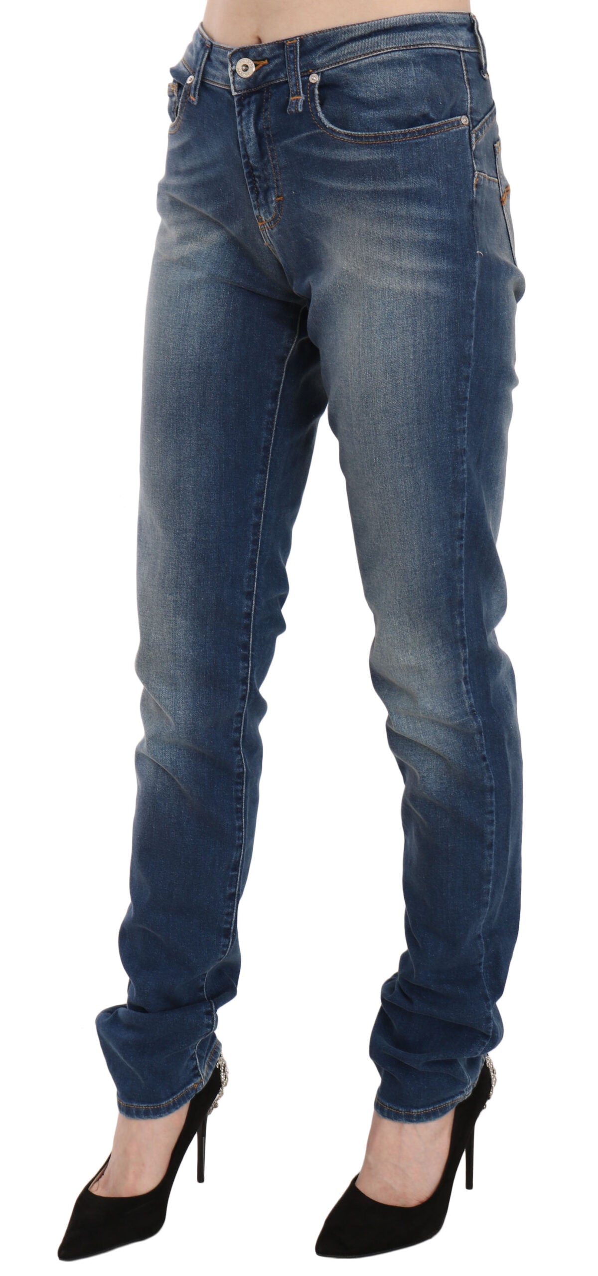 Blå tvättade slim fit jeans med medelhög midja