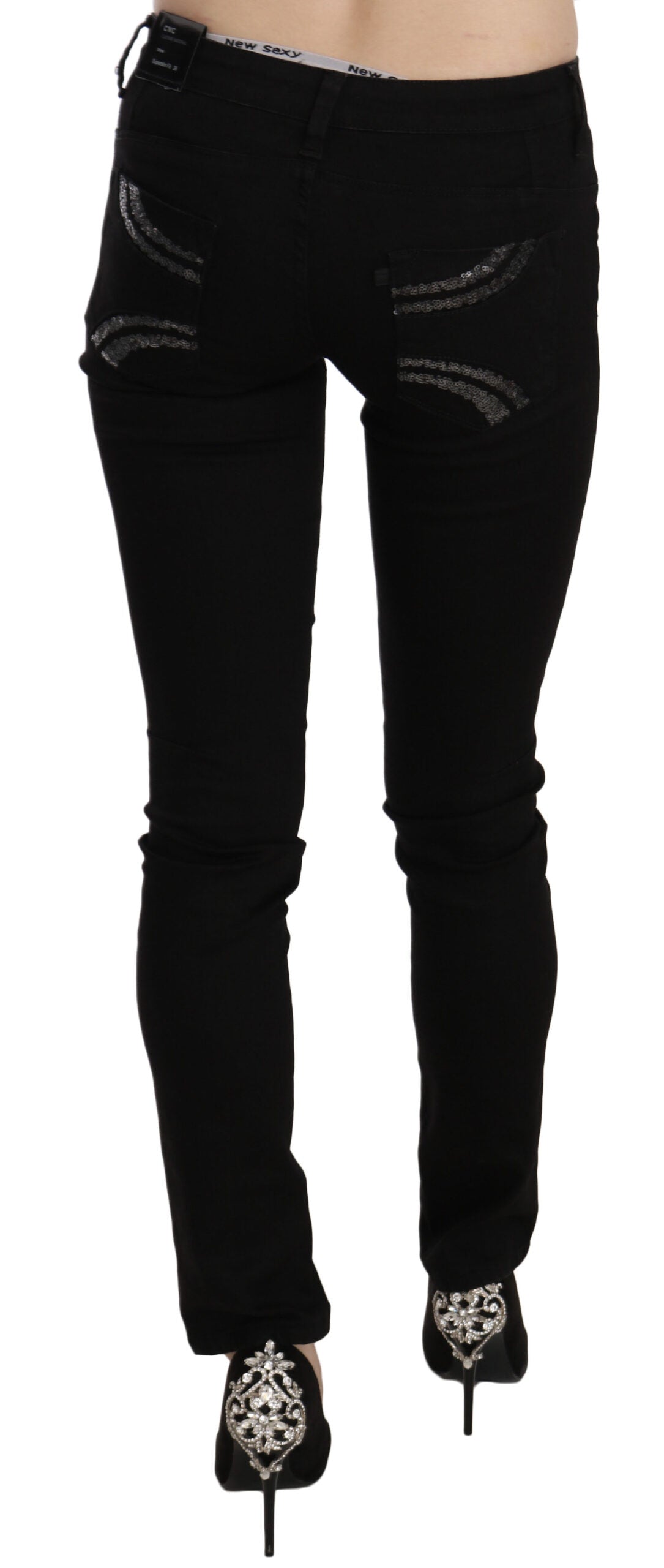 Svarta paljettfärgade slim fit jeans med medelhög midja
