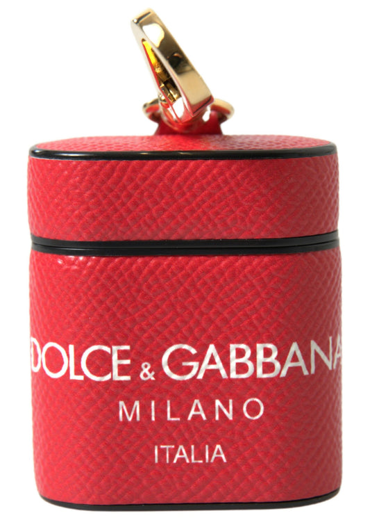 Dolce &amp; Gabbana rødt skinn-etui med gullfarget metalllogo og Airpods-trykk