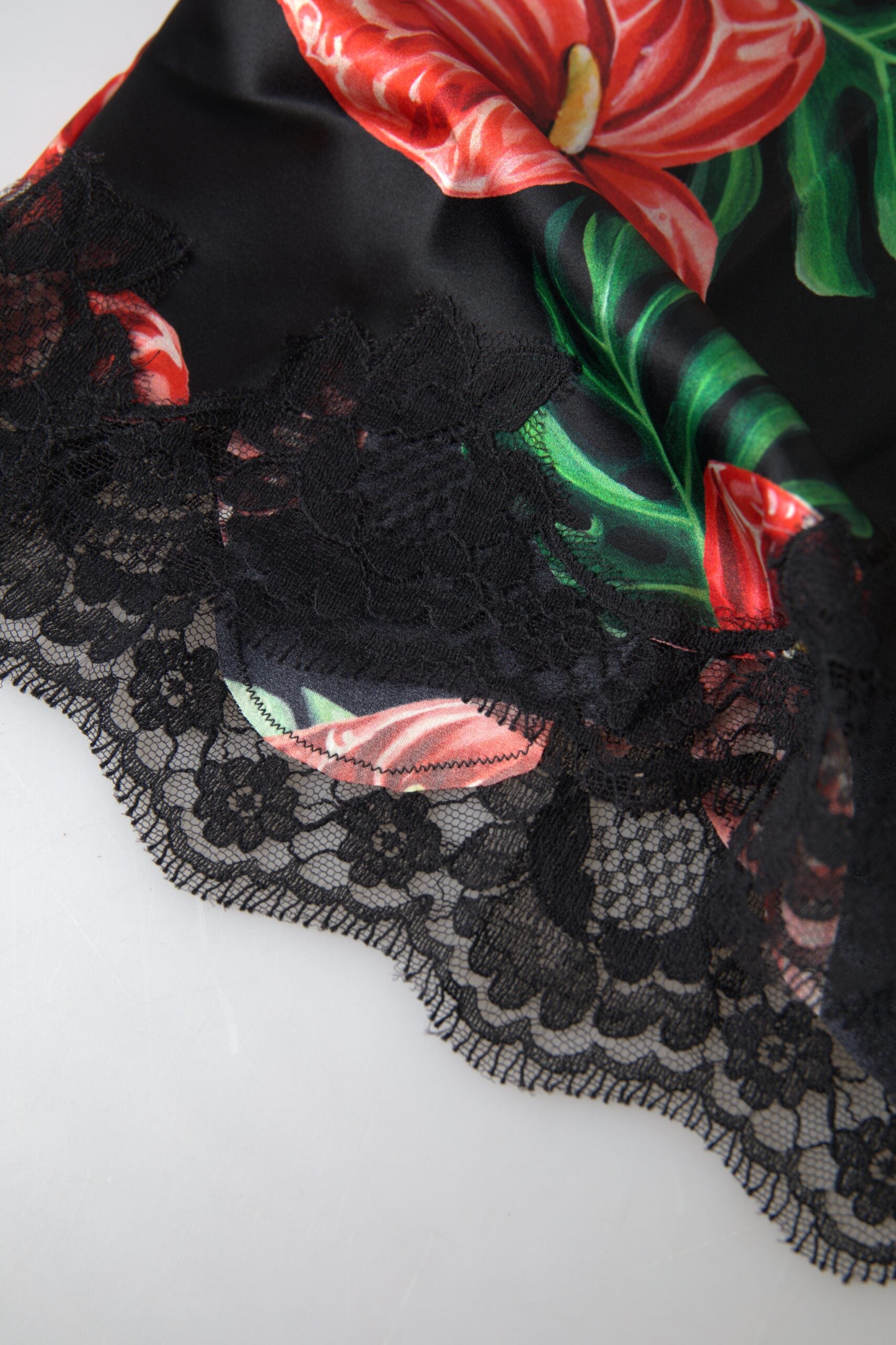 Svart Anthurium Mönstrad Siden Camisole Topp Underkläder