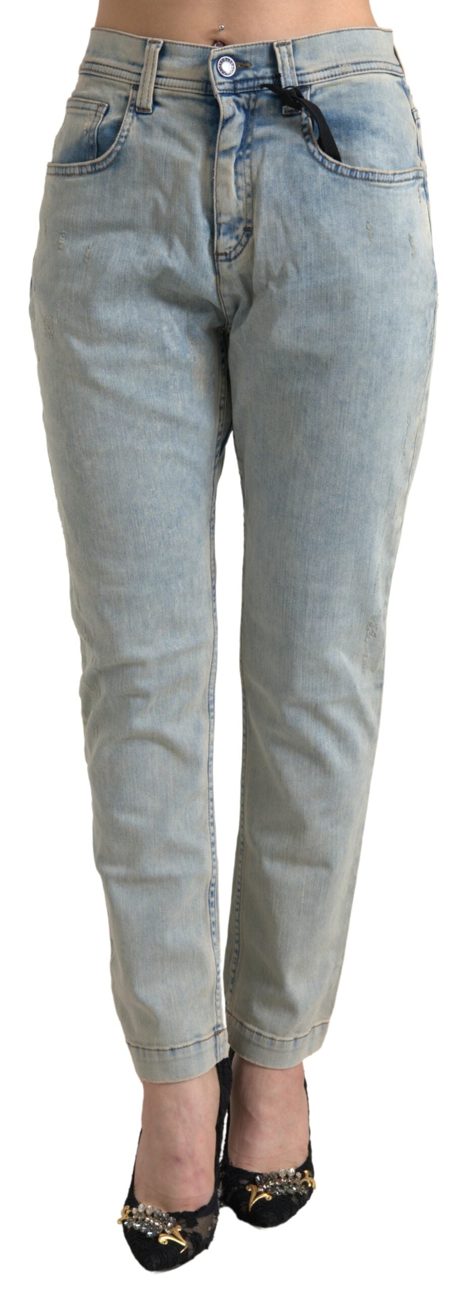 Blå tvättade bomulls skinny jeans med medelhög midja