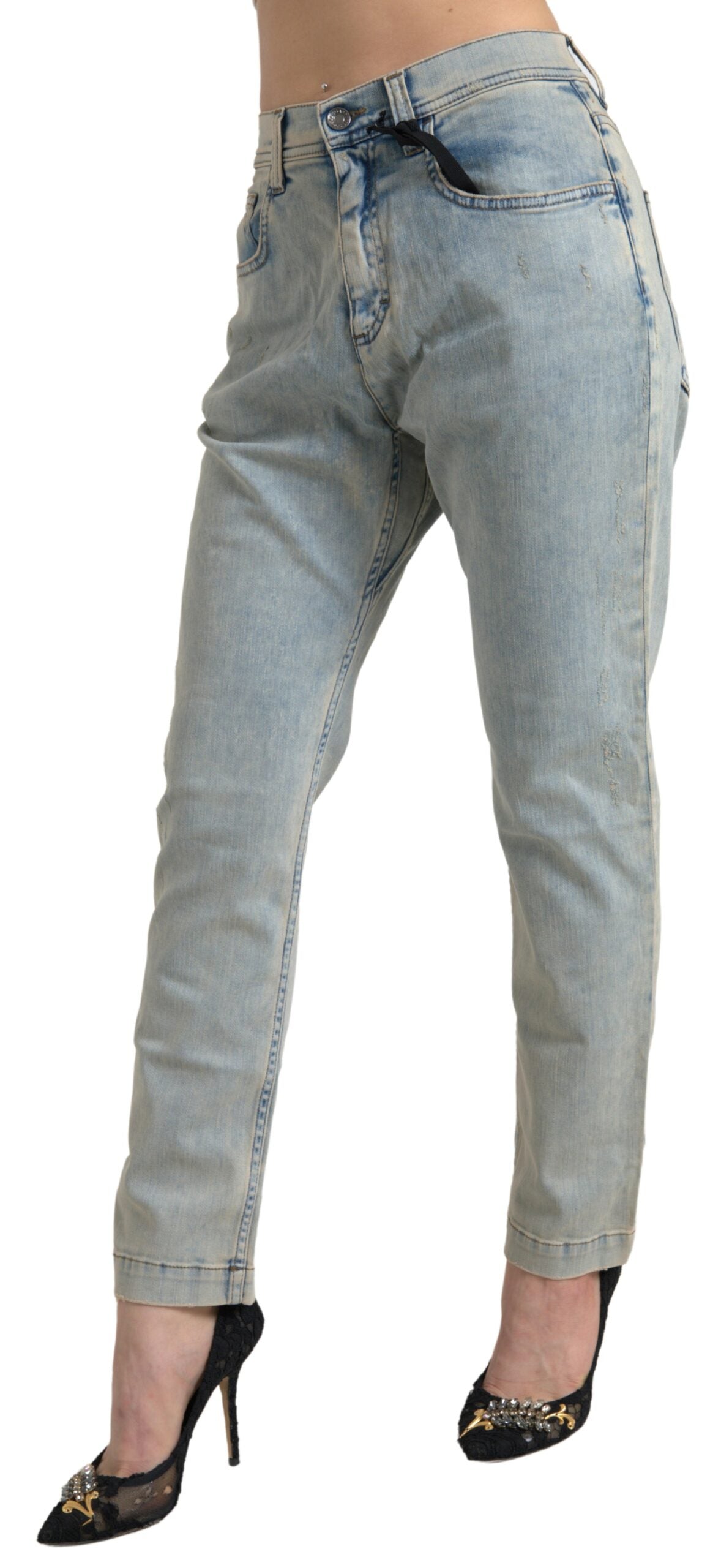 Blå tvättade bomulls skinny jeans med medelhög midja