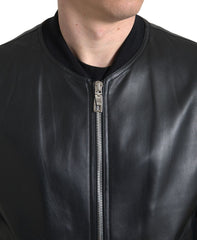 Dolce & Gabbana Black Leather Full Zip Bomber Men Jacket
