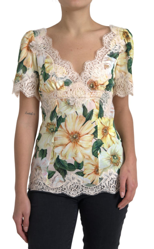 Dolce &amp; Gabbana Flerfärgad Blommig Spetsblus med V-ringning