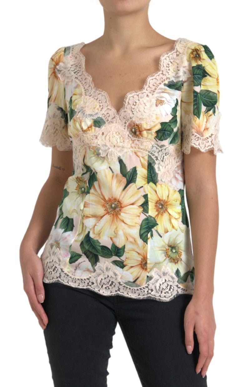 Dolce &amp; Gabbana Flerfärgad Blommig Spetsblus med V-ringning