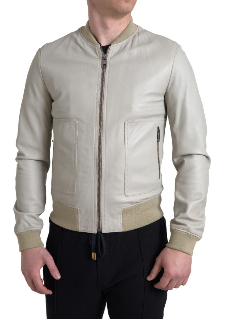 Dolce &amp; Gabbana Krämfärgad Läderbomber Blouson Hel Dragkedja