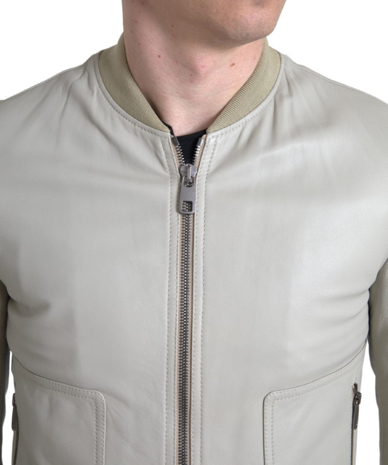 Dolce &amp; Gabbana Krämfärgad Läderbomber Blouson Hel Dragkedja