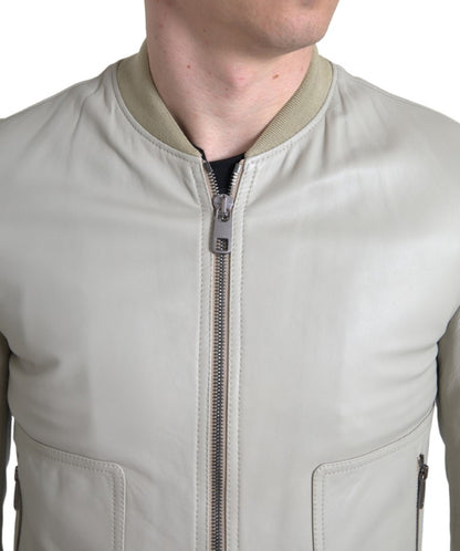 Dolce &amp; Gabbana Krämfärgad Läderbomber Blouson Hel Dragkedja