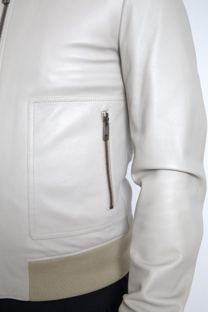 Dolce &amp; Gabbana Krämfärgad Läderbomber Blouson Hel Dragkedja