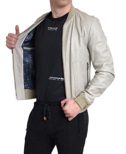 Dolce &amp; Gabbana Krämfärgad Läderbomber Blouson Hel Dragkedja