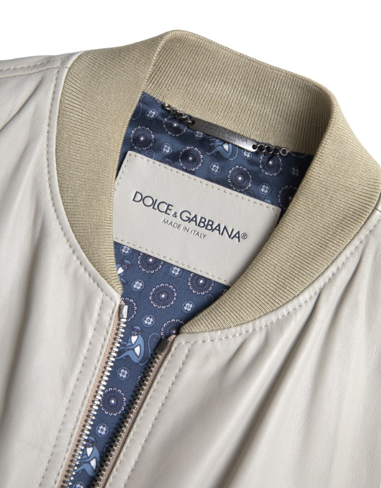 Dolce &amp; Gabbana Krämfärgad Läderbomber Blouson Hel Dragkedja