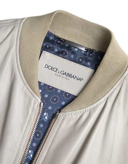 Dolce &amp; Gabbana Krämfärgad Läderbomber Blouson Hel Dragkedja