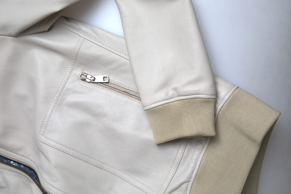 Dolce &amp; Gabbana Krämfärgad Läderbomber Blouson Hel Dragkedja
