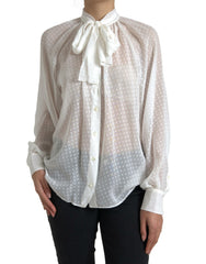 Dolce & Gabbana White Silk Sheer Tied Neck Polka Dots Blouse