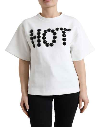Dolce &amp; Gabbana T-shirt Vit Bomull Stretch Svart HOT Crystal
