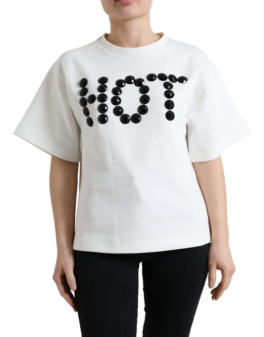 Dolce &amp; Gabbana T-shirt Vit Bomull Stretch Svart HOT Crystal