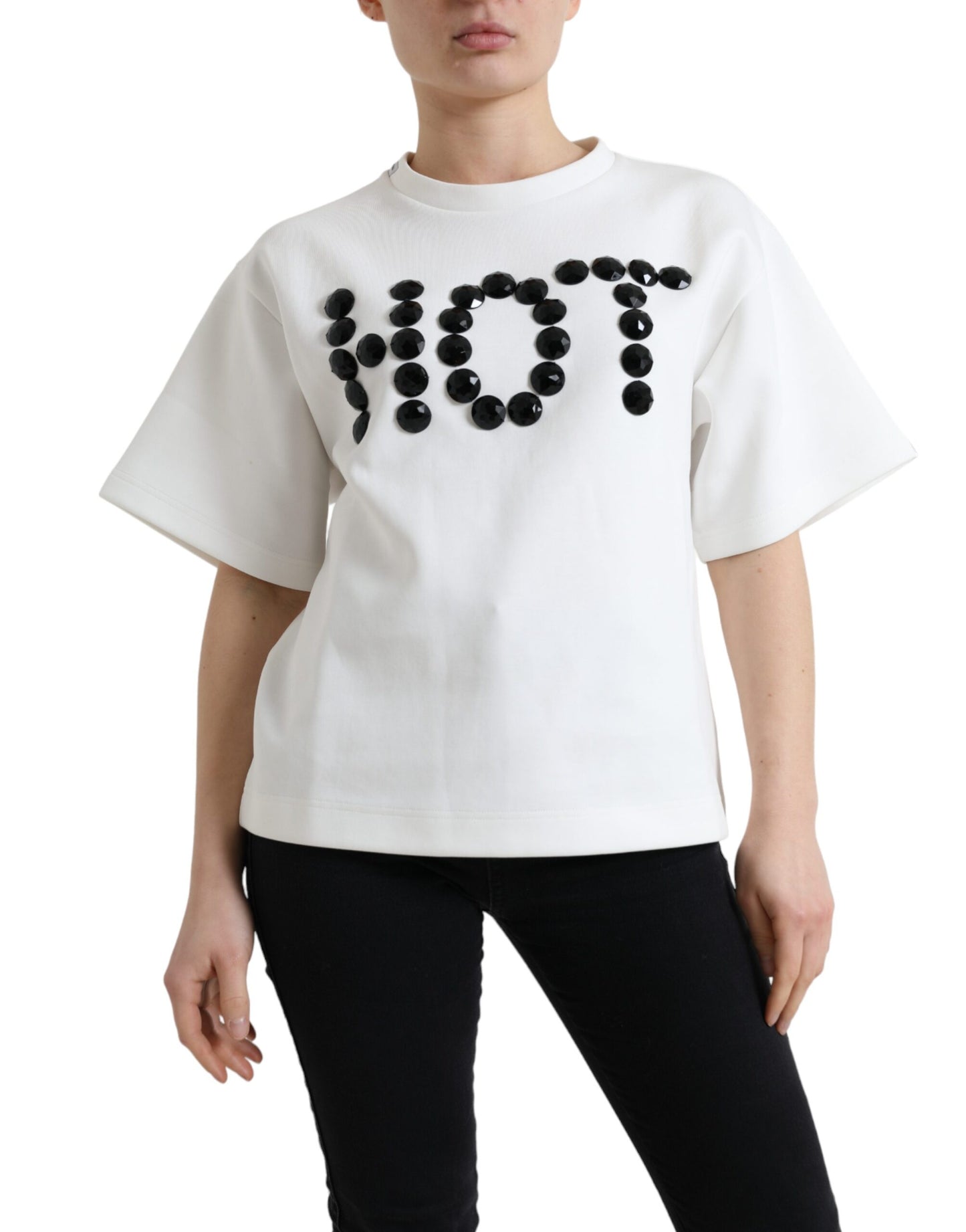Dolce &amp; Gabbana T-shirt Vit Bomull Stretch Svart HOT Crystal