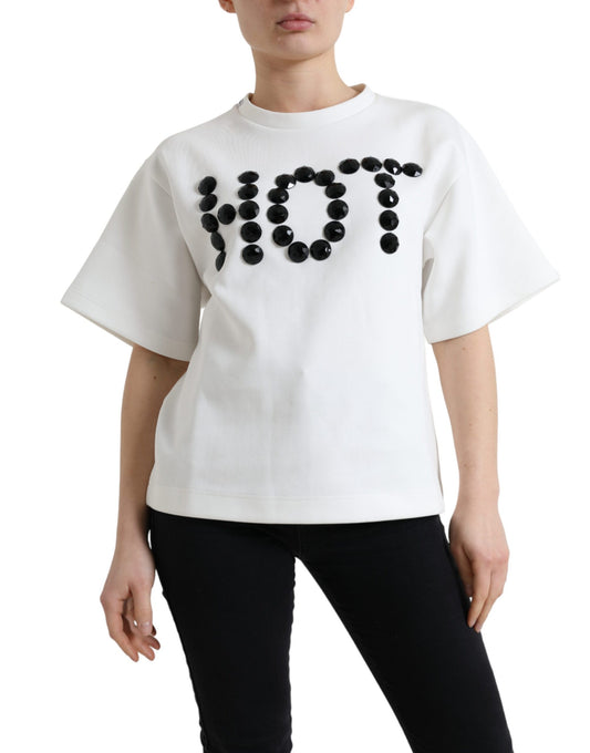 Dolce &amp; Gabbana T-shirt Vit Bomull Stretch Svart HOT Crystal