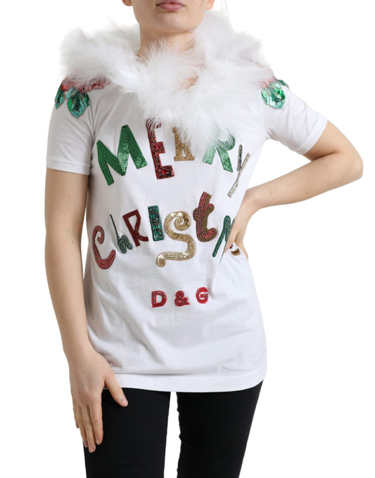 Dolce &amp; Gabbana Vit bomulls-t-shirt med paljetter och päls