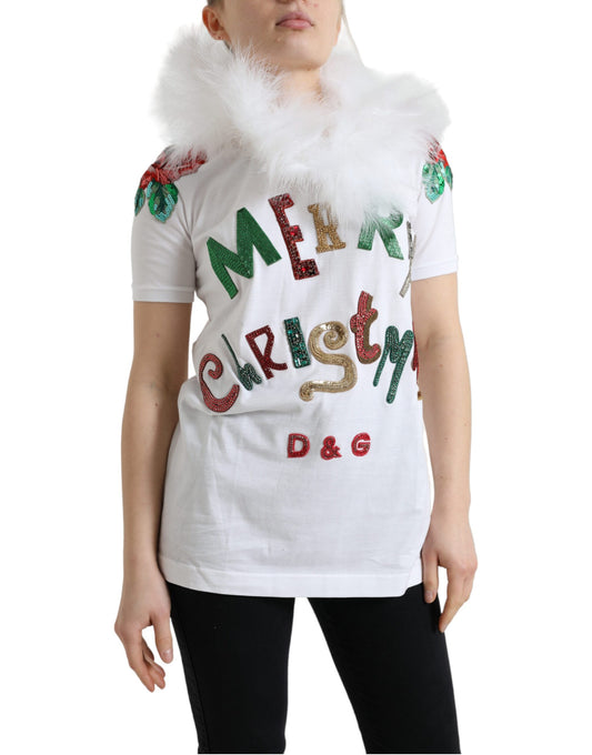 Dolce &amp; Gabbana Vit bomulls-t-shirt med paljetter och päls