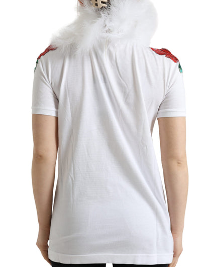 Dolce &amp; Gabbana Vit bomulls-t-shirt med paljetter och päls