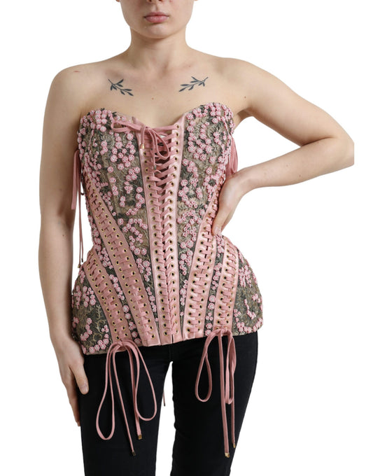 Dolce &amp; Gabbana Rosa Blommig Applikation Bustier Korsett Topp