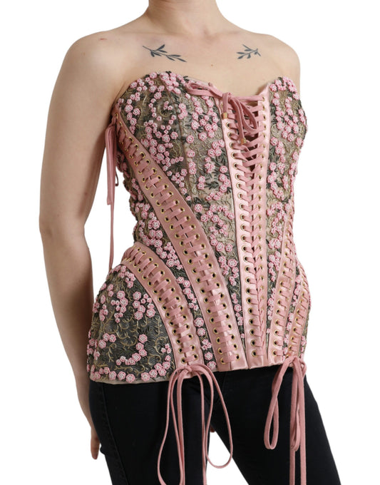 Dolce &amp; Gabbana Rosa Blommig Applikation Bustier Korsett Topp
