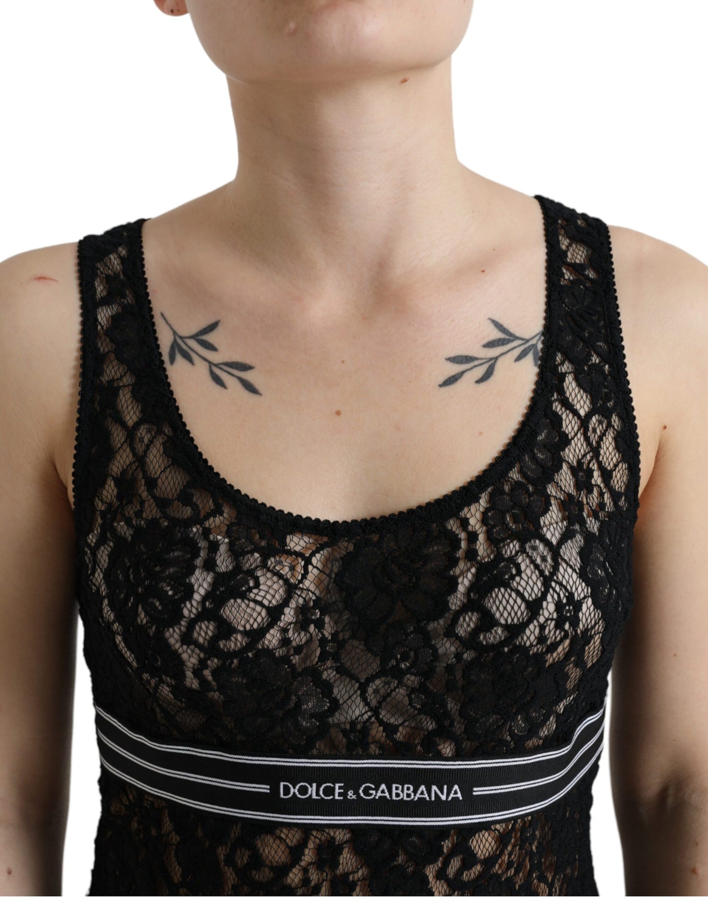 Dolce &amp; Gabbana Svart Logo Randigt Spets Ärmlös Linne
