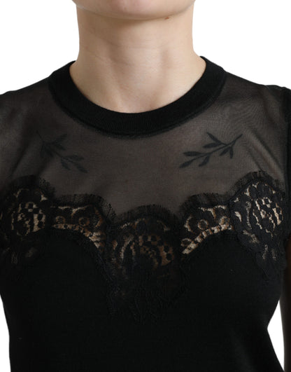 Dolce &amp; Gabbana Svart Ärmlös Linne i Kashmir med Spetskant