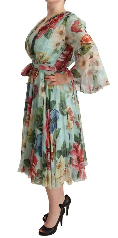 Dolce &amp; Gabbana Flerfärgad Grön Blommig Sidenklänning med Omlottmönster