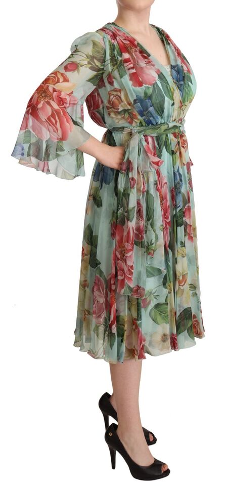 Dolce &amp; Gabbana Flerfärgad Grön Blommig Sidenklänning med Omlottmönster