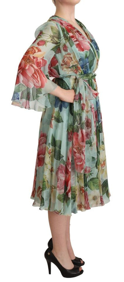 Dolce &amp; Gabbana Flerfärgad Grön Blommig Sidenklänning med Omlottmönster
