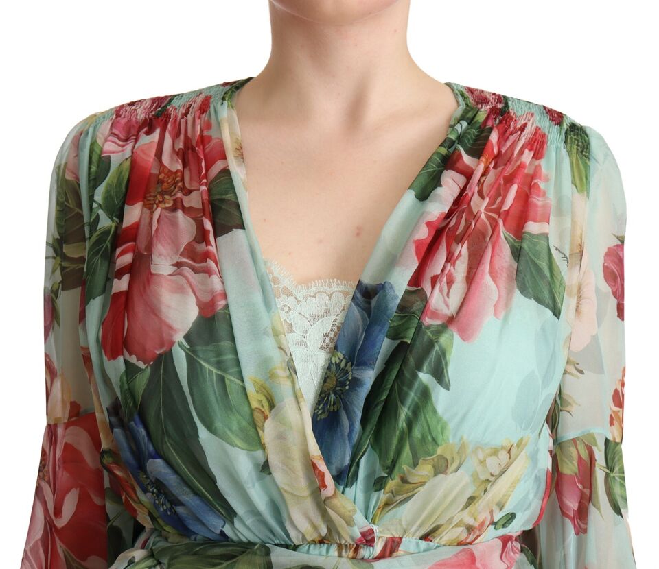 Dolce &amp; Gabbana Flerfärgad Grön Blommig Sidenklänning med Omlottmönster