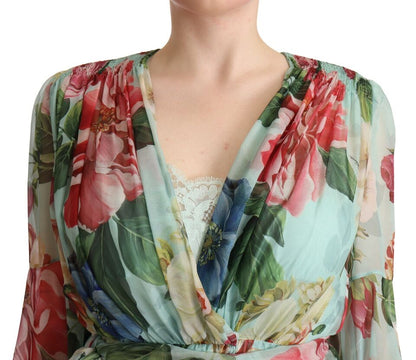 Dolce &amp; Gabbana Flerfärgad Grön Blommig Sidenklänning med Omlottmönster