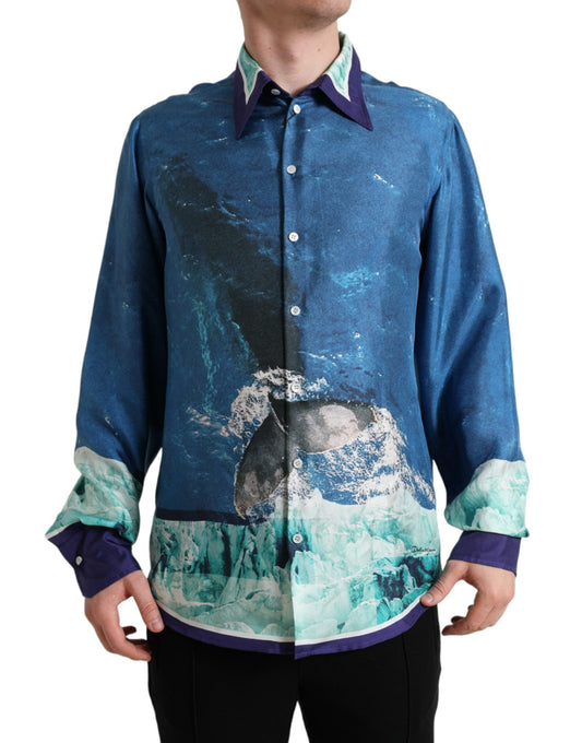 Dolce &amp; Gabbana Blå Havsmönstrad Sidenskjorta Med Krage Och Button Down