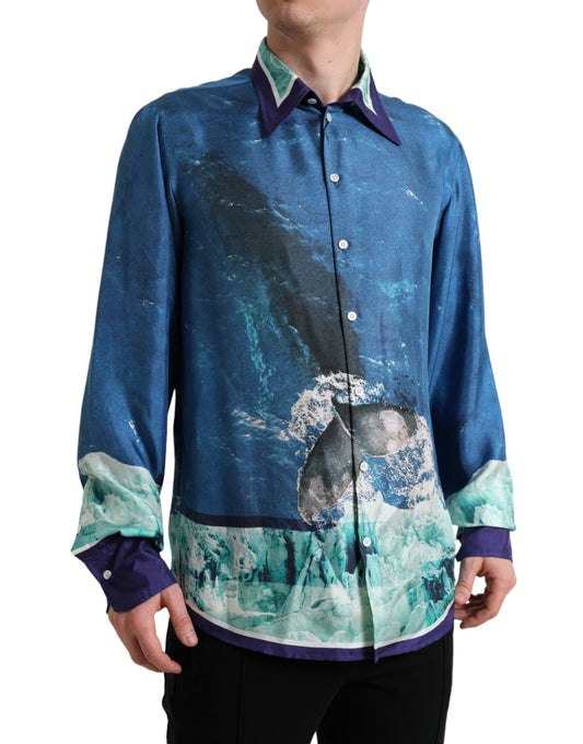 Dolce &amp; Gabbana Blå Havsmönstrad Sidenskjorta Med Krage Och Button Down