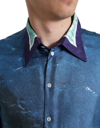 Dolce &amp; Gabbana Blå Havsmönstrad Sidenskjorta Med Krage Och Button Down
