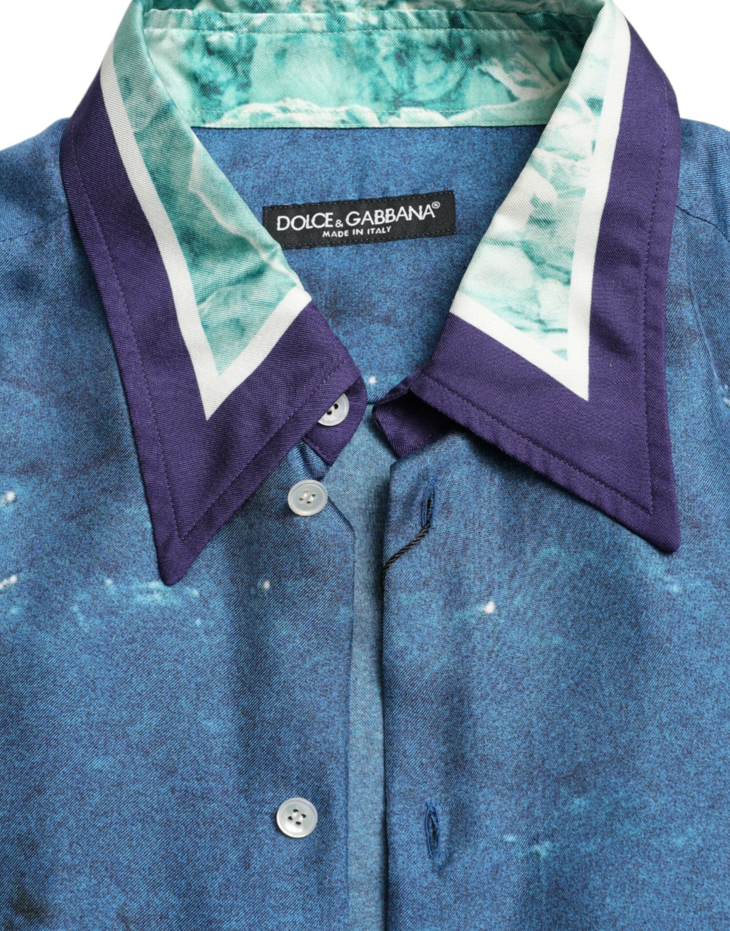 Dolce &amp; Gabbana Blå Havsmönstrad Sidenskjorta Med Krage Och Button Down