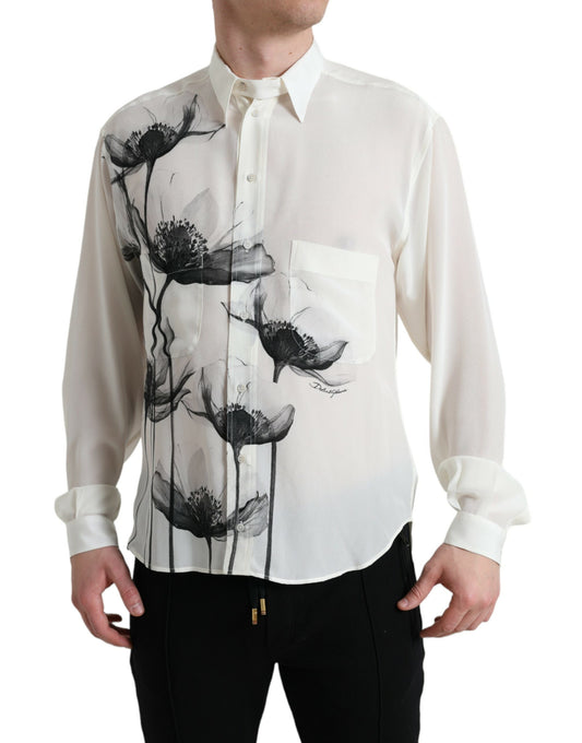 Dolce &amp; Gabbana Vit Blommig Krageklänning Sidenskjorta