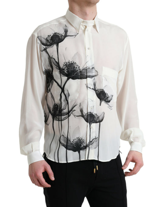 Dolce &amp; Gabbana Vit Blommig Krageklänning Sidenskjorta